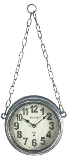 Simple wall clock with chain to hang, vintage style, metal, diameter 23.5x7.5 cm depth