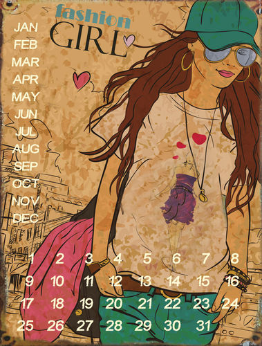 UNIVERSAL CALENDAR, VINTAGE STYLE, "FASHION GIRL", FROM WALL, CM 25X33