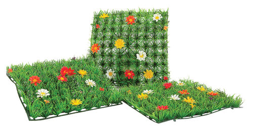 Artificial grass tile with flowers, for shop window decoration and home, 25x25 cm