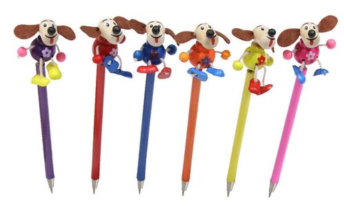 Set of 6 assorted pens "Colored Dogs", for children, in wood