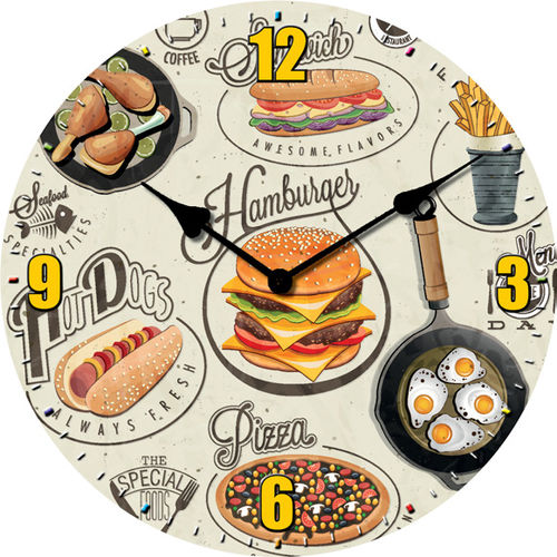 Orologio da parete "Hamburger & Pizza" - in legno