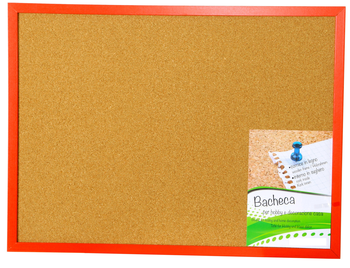 Whiteboard / bulletin board, cork, for pins, red wooden frame, cm 45x30 -  E-line
