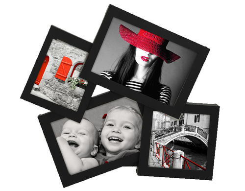 Cornice portafoto, "Storty" in pvc effetto legno, colore nero, 4 posti per foto, cm 31x28