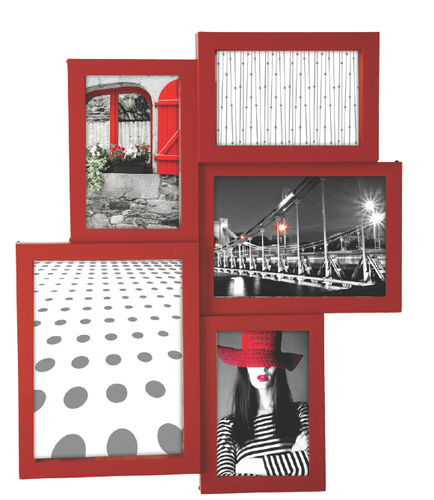 Cornice portafoto, "World" in pvc effetto legno,colore rosso, 5 posti per foto, cm 44x37