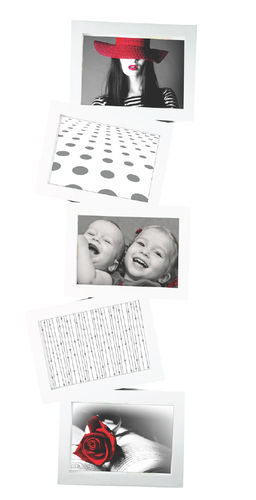 Cornice portafoto, "Story", 5 posti per foto, in pvc, colore bianco, cm 75x27x2