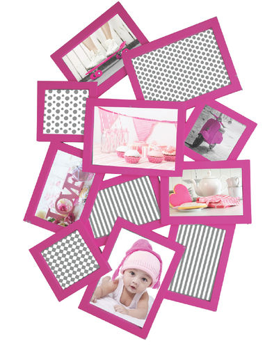 Cornice portafoto, "Happy", 11 posti, colore rosa, in pvc, cm 63x43