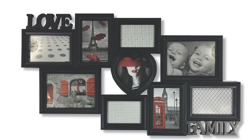 Cornice portafoto, shabby chic, "LOVE FAMILY HOME" in pvc nero, 9 posti per foto, cm 73,5x31,5
