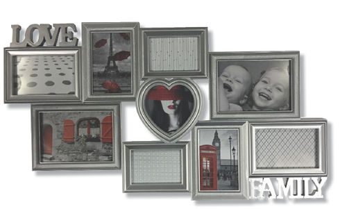 Cornice portafoto, shabby chic, "LOVE FAMILY HOME" in pvc argento,  9 posti per foto, cm 73,5x31,5