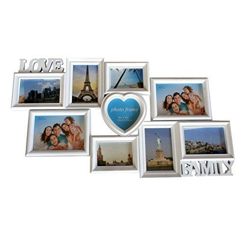 Cornice portafoto, shabby chic, "LOVE FAMILY HOME" in pvc bianco, 9 posti per foto, cm 73,5x31,5