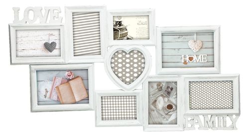 Picture frame, shabby chic, "LOVE FAMILY HOME", pvc, shabby chic,  9 places for photo, cm 73,5x31,5