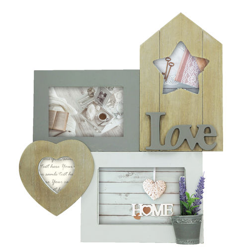 Picture frame, "LOVE HOME", shabby chic, 4 places for photo, wood effect pvc, cm 32x36