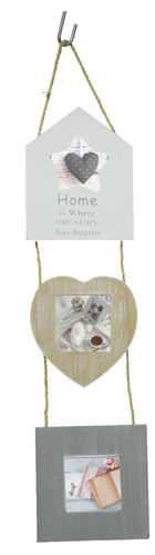 Cornice portafoto,"SWEET HOME", shabby chic, 3 posti per foto, pvc effetto legno, cm 46x12