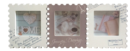 Picture frame, "STAMPS" in pvc wood effect, white color and light burgundy, 3 places, cm 42x16