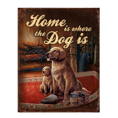 TIN PLATE, VINTAGE STYLE, "HOME IS WHERE THE DOG IS" CM 20X25