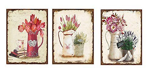 Set di tre targhe decoro in latta stile Vintage "Fiori", cm 20x25