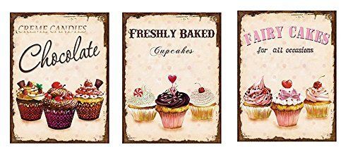 Set di tre targhe decoro in latta stile Vintage "Cupcakes", cm 20x25