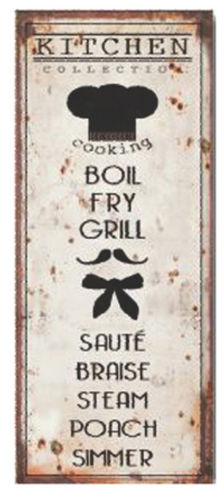 TIN PLATE, VINTAGE STYLE, "BOIL FRY GRILL..." CM 25X11