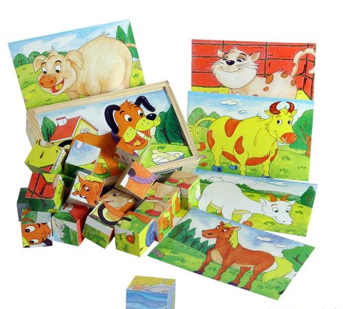 Puzzle 15 cubi per bambini "Animaletti fattoria",  in legno