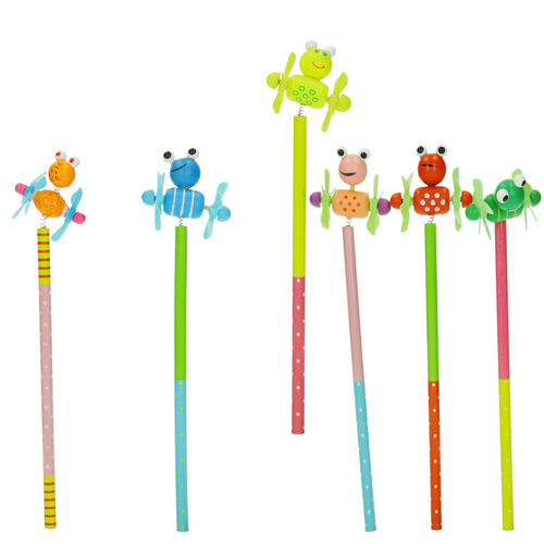 Set of 6 assorted "flying flippers" pens for children, wood